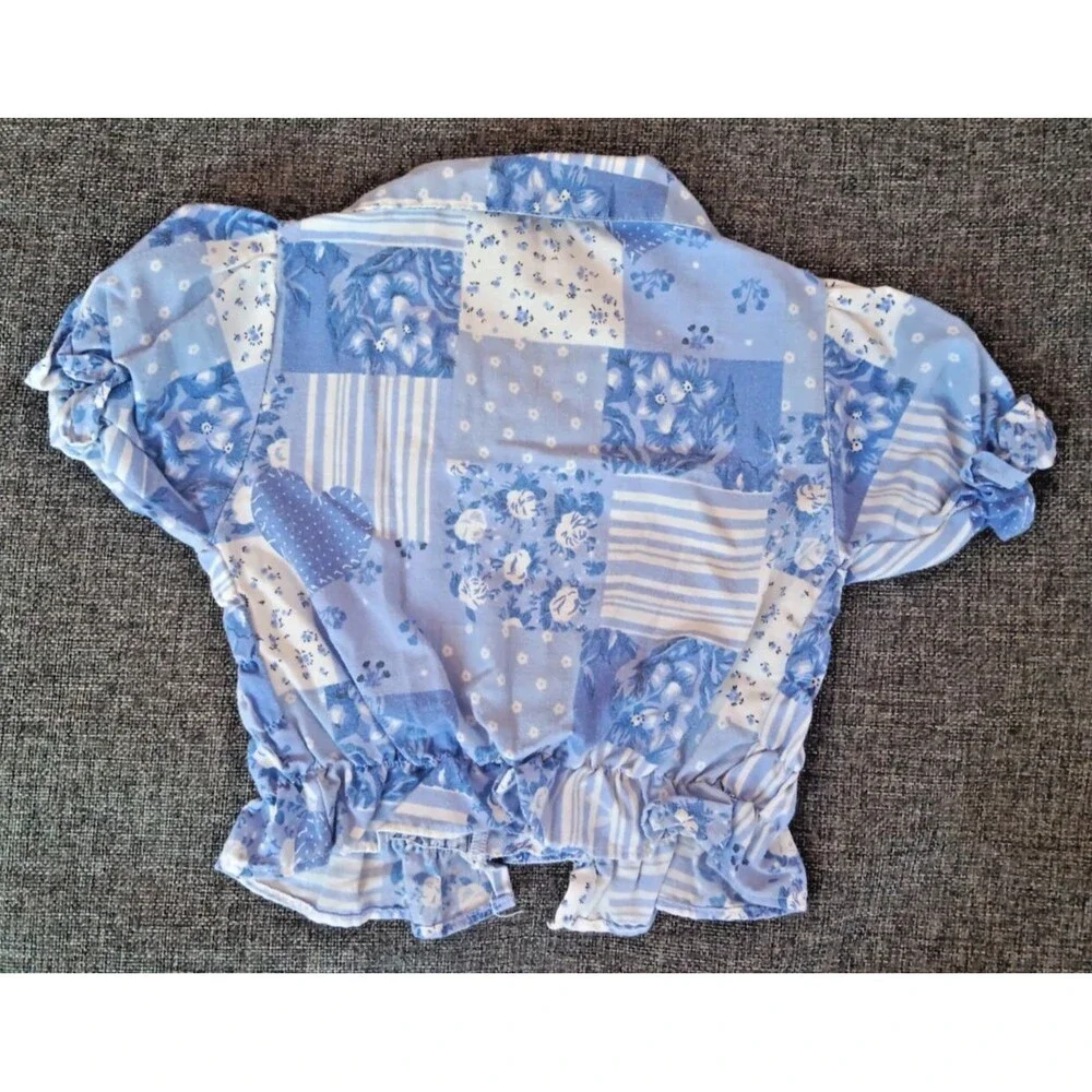 Aero Blu Shirt Size 4 Girls Blue White Quilt Print Vintage Short Sleeve Ruffles